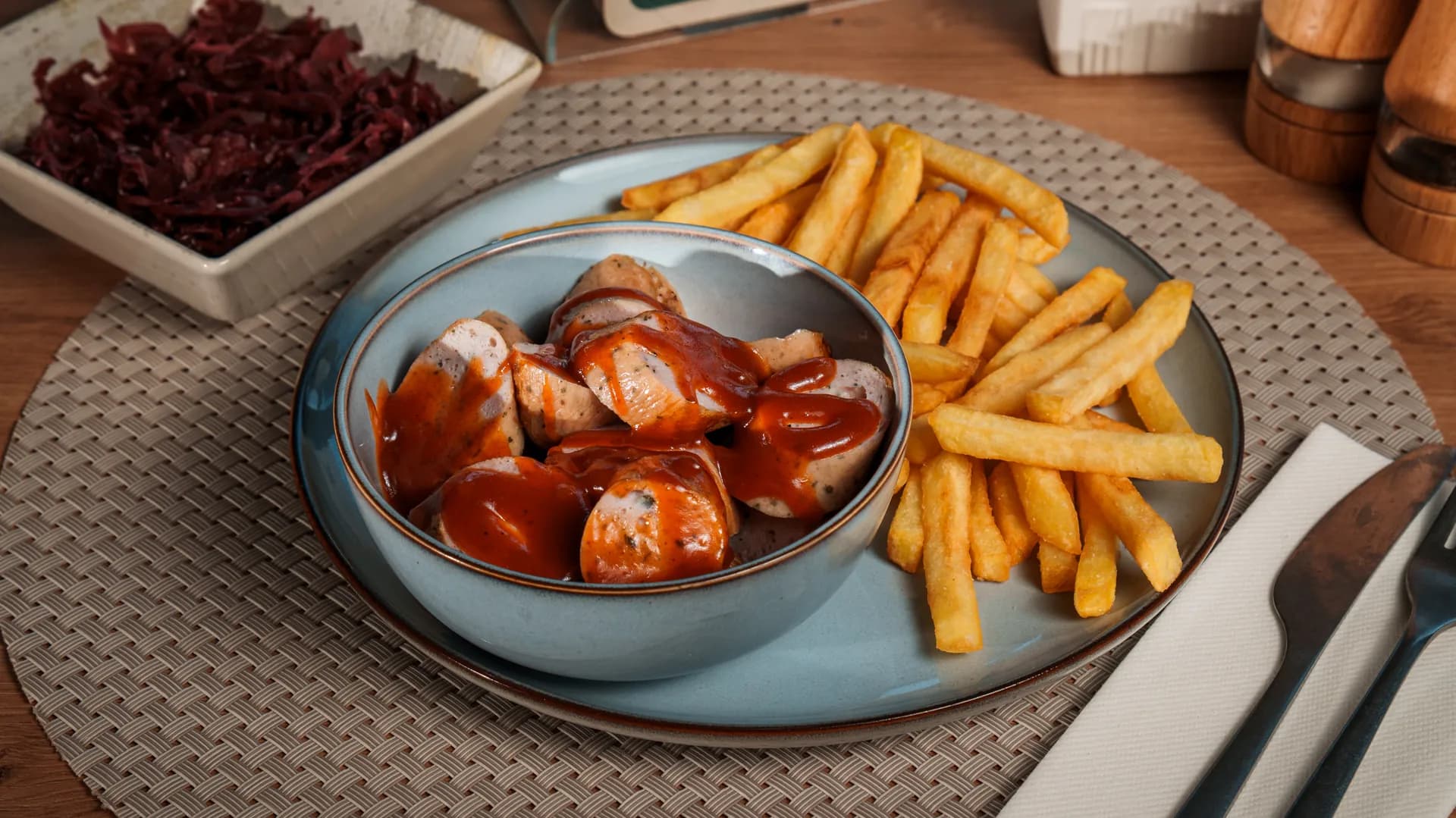 Currywurst cu cartofi prăjiți